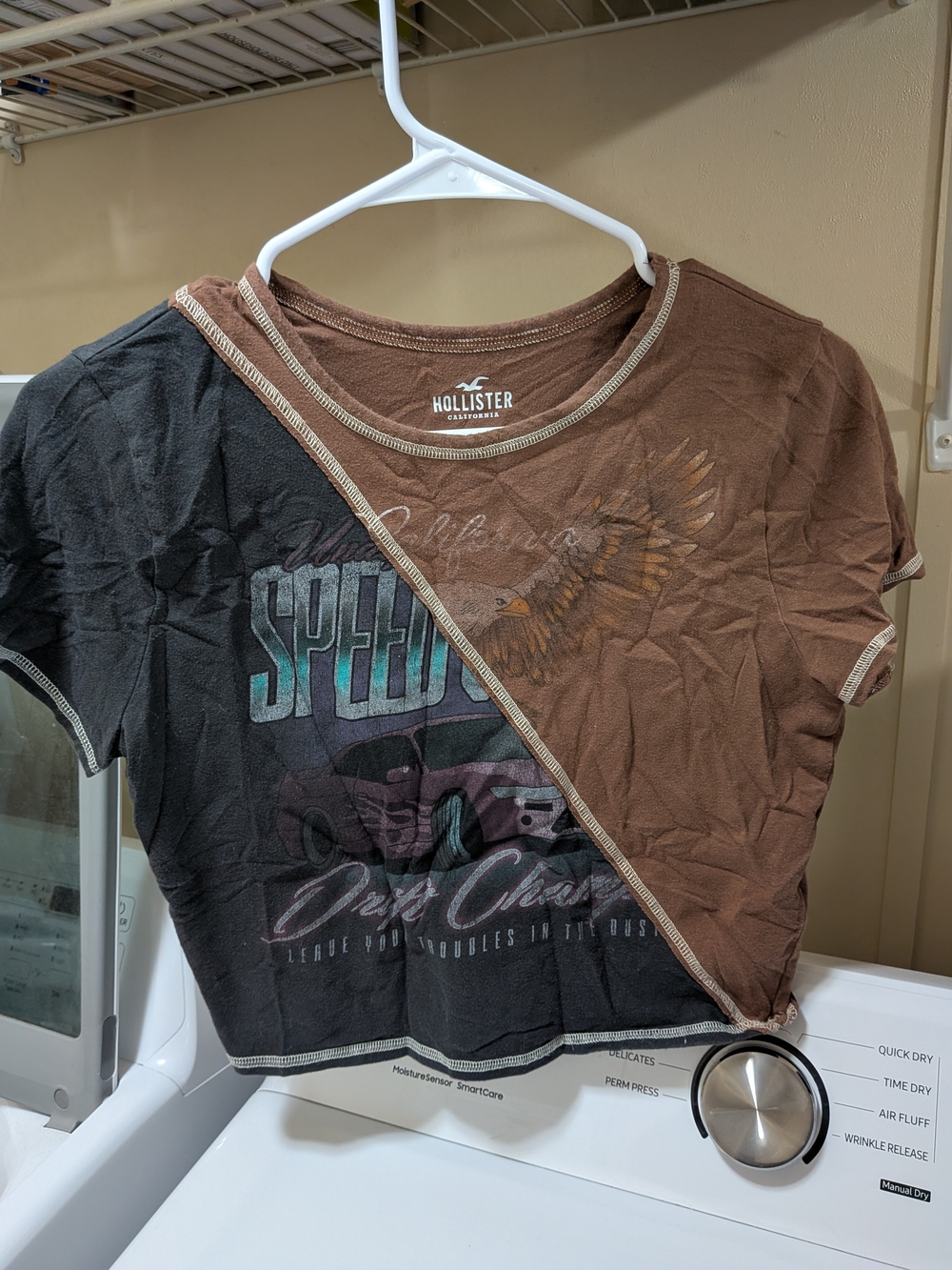 Hollister Two-Tone Brown & Black DRIFT CHAMP Diagonal Graphic Crop Tee LARGE